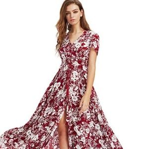 Women Floral Print Button Up Split Dress